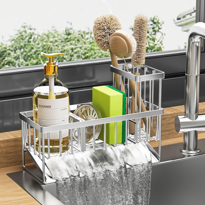 Sink Faucet Storage Rack Organizer – No-Drill Stainless Steel Sponge Holder for Kitchen & Bathroom