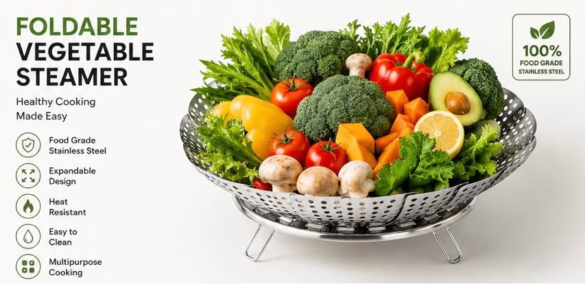Foldable Stainless Steel Vegetable Steamer Basket | Expandable Food Steamer Insert for Healthy Cooking