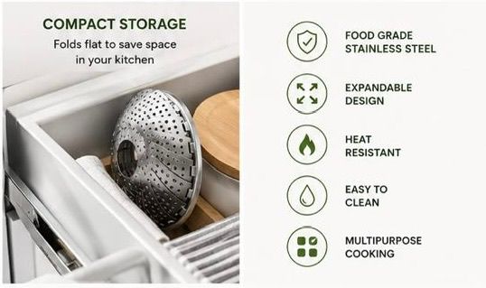 Foldable Stainless Steel Vegetable Steamer Basket | Expandable Food Steamer Insert for Healthy Cooking