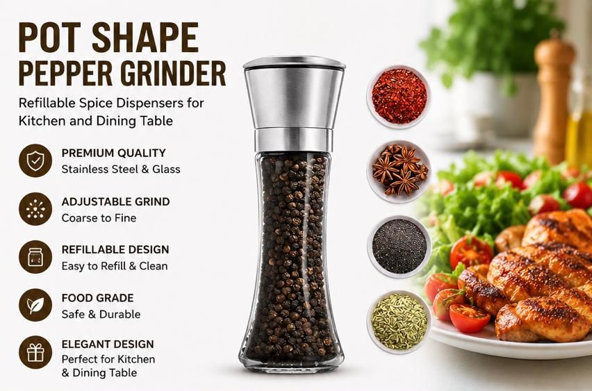 Pot Shape Pepper Grinder – Adjustable Stainless Steel & Glass Salt and Pepper Mill