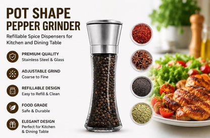 Pot Shape Pepper Grinder – Adjustable Stainless Steel & Glass Salt and Pepper Mill