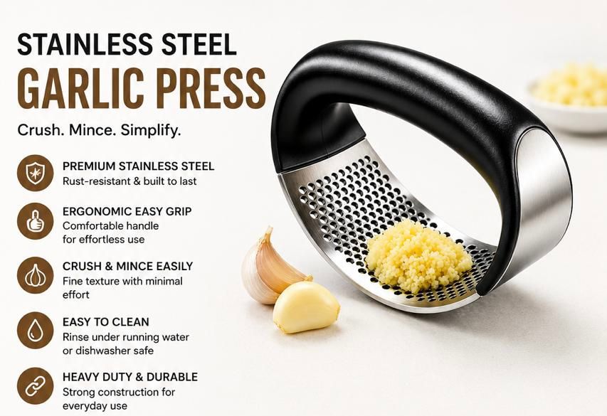 Stainless Steel Garlic Press Crusher – Heavy-Duty Garlic Mincer with Ergonomic Easy-Grip Handle