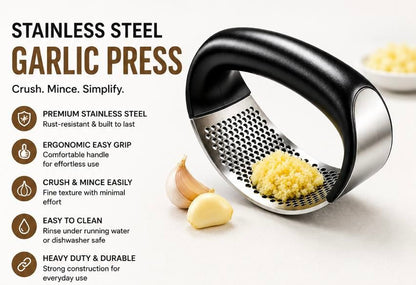 Stainless Steel Garlic Press Crusher – Heavy-Duty Garlic Mincer with Ergonomic Easy-Grip Handle