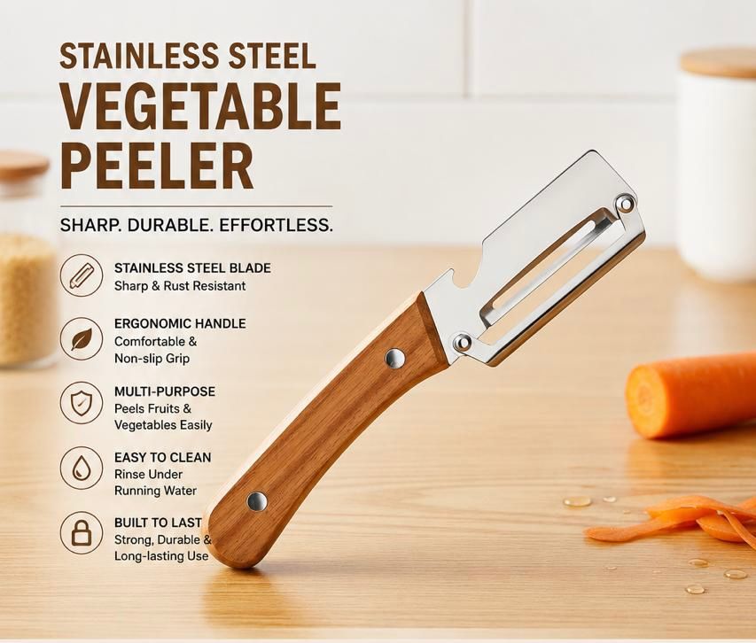 Stainless Steel Vegetable Peeler – Sharp Rust-Resistant Kitchen Peeler with Ergonomic Wooden Handle
