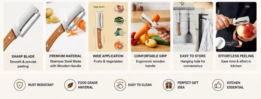Stainless Steel Vegetable Peeler – Sharp Rust-Resistant Kitchen Peeler with Ergonomic Wooden Handle