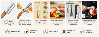 Stainless Steel Vegetable Peeler – Sharp Rust-Resistant Kitchen Peeler with Ergonomic Wooden Handle