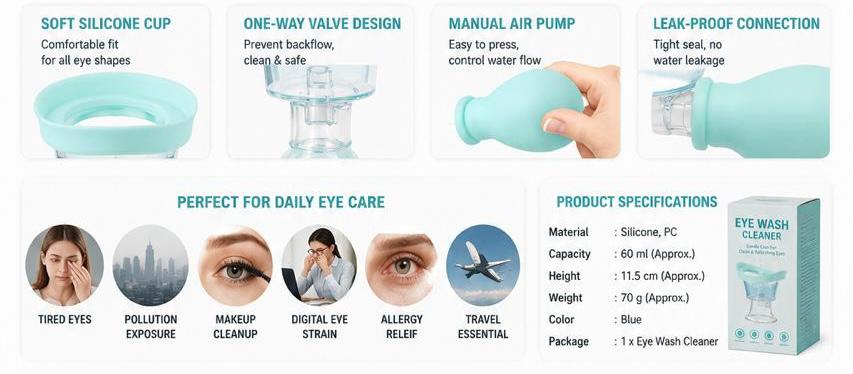 Silicone Eye Wash Cleaner Cup – Portable Eye Rinse Cup with Manual Air Pressure Pump