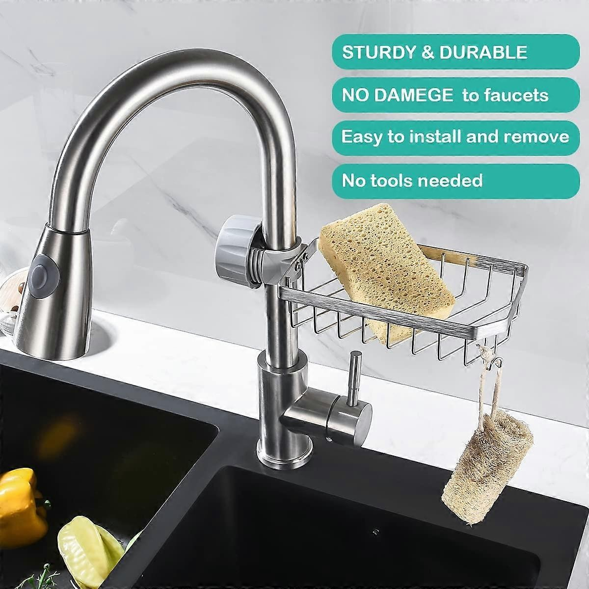 Sink Faucet Storage Rack Organizer – No-Drill Stainless Steel Sponge Holder for Kitchen & Bathroom