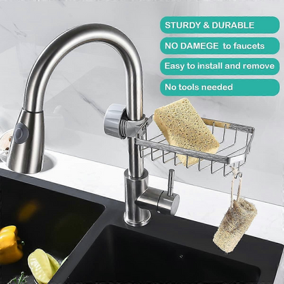 Sink Faucet Storage Rack Organizer – No-Drill Stainless Steel Sponge Holder for Kitchen & Bathroom